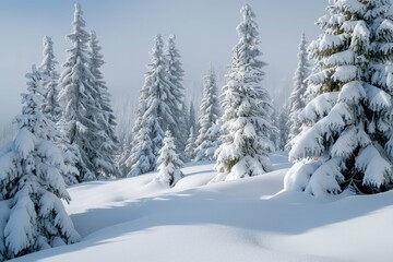 Serene winter landscape with snow-covered pine trees and a soft haze in the background.