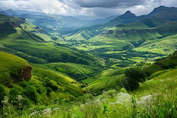 Breathtaking view of lush green valleys and rolling hills under a dynamic sky.