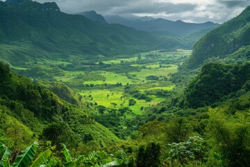Lush green valley with vibrant meadows nestled between rolling hills under a cloudy sky.
