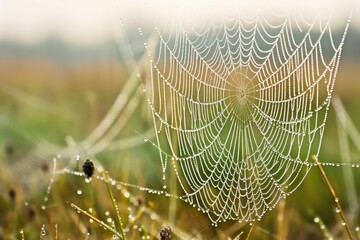 Dew-covered spiderweb glistening in morning light with a blurred natural background.