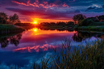 Vibrant sunset over tranquil lake with reflections and lush greenery.