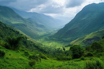 Lush green valley with rolling hills under a cloudy sky.