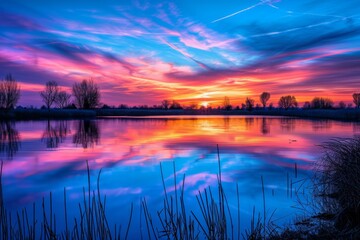 Vibrant sunset with dramatic clouds reflected over a tranquil lake, silhouettes of grass in the foreground.