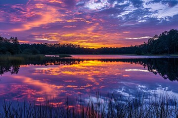 Vibrant sunset over tranquil lake with reflection of colorful clouds in water, serene nature backdrop.