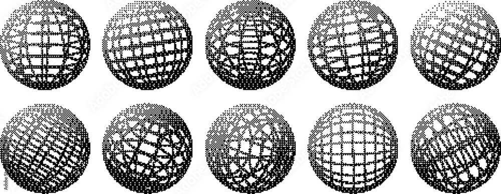 Poster Bitmap 3D spheres grids, wireframe shapes. Abstract vector bitmap effect that imitates pixels. Globe meshes, ball in various position. 3D orbs, earth globe grid linear wireframe vector y2k elements

