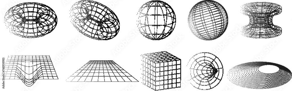 Poster Raster 3D mesh shapes, wireframe shapes. Abstract vector raster image effect that simulates pixels. 3D balls, spheres, planes, cubes, y2k vector elements