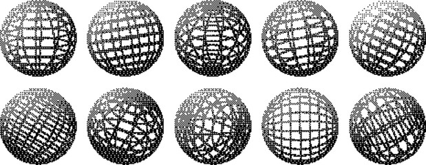 Bitmap 3D spheres grids, wireframe shapes. Abstract vector bitmap effect that imitates pixels. Globe meshes, ball in various position. 3D orbs, earth globe grid linear wireframe vector y2k elements
 - obrazy, fototapety, plakaty