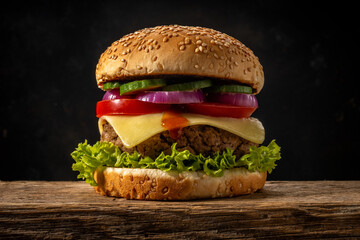 View of fresh tasty burger on wooden rustic table. Food background.
