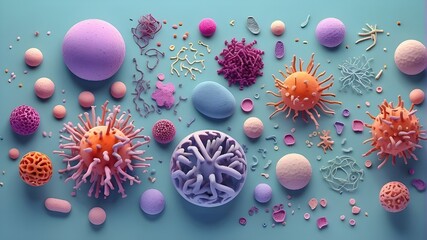 Fototapeta na wymiar Probiotics, gram-positive bacteria, abstract bacteria, and viruses in a variety of shapes set against a pale background. notions of medicine and science. Background in microbiology. three-dimensional 