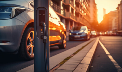 Parking places along the street with chargers for electric car.