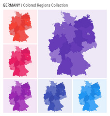 Germany map collection. Country shape with colored regions. Deep Purple, Red, Pink, Purple, Indigo, Blue color palettes. Border of Germany with provinces for your infographic. Vector illustration.