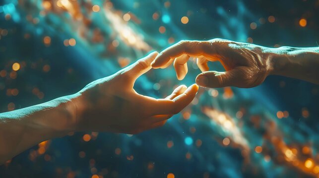 Conceptual of hands reaching different dimensions, symbolizing connection and unity