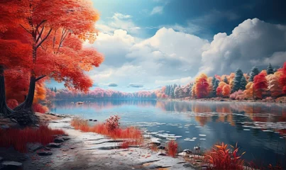 Poster Beautiful autumn landscape with lake © Daniela