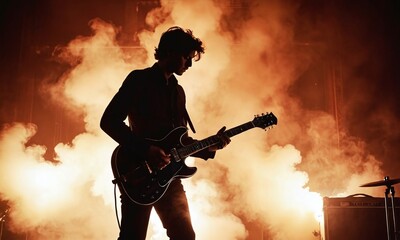 Retro style photo of guitarist s silhouette surrounded by smoke in concert