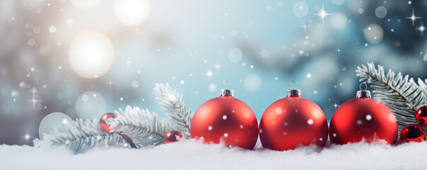 Naklejka na ściany i meble Beautiful red christmas decoration balls in amazing snow