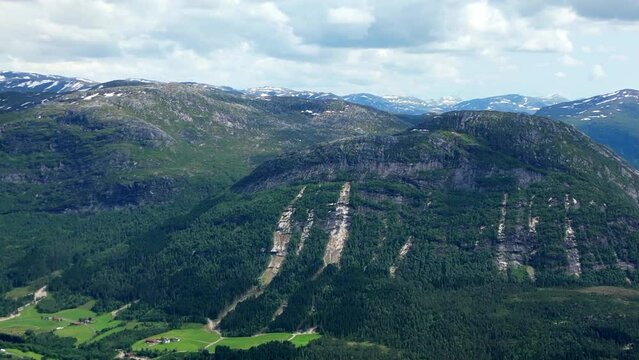 Mountain landscape in Norway with panning towards Lystrefjord