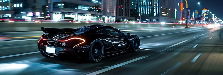 Black sports car speeds down night city street with blurred lights