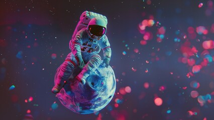 Bunter Astronaut auf dem Mond mit Anzug und Helm als Cartoons, ai generativ - obrazy, fototapety, plakaty