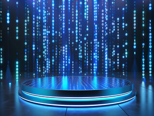 Futuristic Holographic Podium in a Digital Data Stream Background