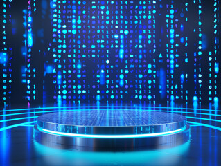 Futuristic Holographic Podium in a Digital Data Stream Background