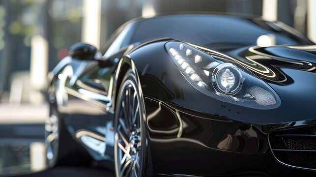 Close up view of sleek black car parked under city lights in urban setting