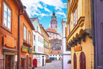 Scenic colorful street of old town of Cesky Krumlov - obrazy, fototapety, plakaty