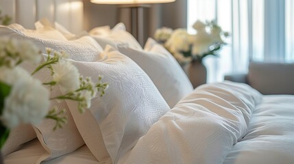 Bed with luxurious white cotton  bedding