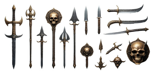 Fantasy Weapon Collection Vol 01 , A collection of fantasy weapons Falchion, Mace, Sword, Bow and arrow, Excalibur, Crossbow, fantasy gaming weapons - obrazy, fototapety, plakaty