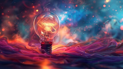 Professional photograph capturing a vibrant light bulb surrounded by swirling colors and shapes