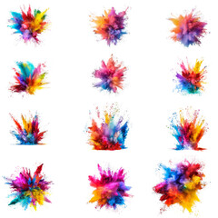 set of colorful powder explosion and splashes, holi powder colorfull