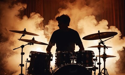 Retro style photo of drummer silhouette surrounded by smoke in concert