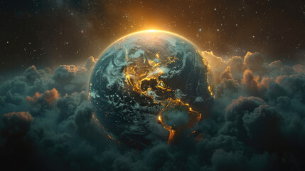 Abstract view of planet Earth from space with glowing city lights and rising sun, surrounded by...