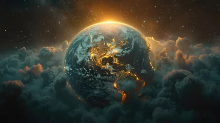 Tragetasche Abstract view of planet Earth from space with glowing city lights and rising sun, surrounded by dark clouds. Globe World background wallpaper. Dramatic cosmic backdrop for astronomy and science themes © Patrycja