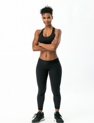 Fototapeta na wymiar Portrait, fitness and arms crossed with happy black woman in studio on white background for health. Exercise, smile and workout with confident young sports model training for improvement