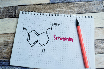 Concept of chemical molecular formula hormone serotonin write on book isolated on Wooden Table.