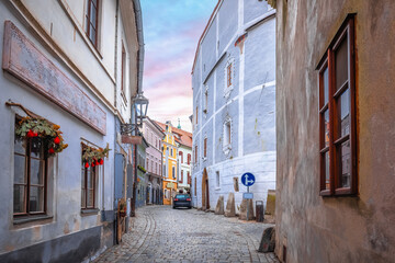 Scenic colorful street of old town of Cesky Krumlov - 768941141