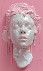 a statue of a woman s head is covered in pink paint