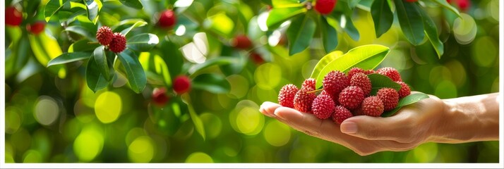 Fresh lychee selection  hand holding fruit with blurred background, copy space available