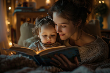 Close up of a loving bedtime reading moment between mother and toddler, parenting and learning concept. - obrazy, fototapety, plakaty