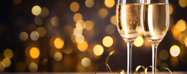 Two glasses with sparkling champagne, blurred light background.