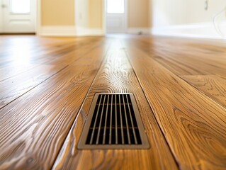 Close up of an empty wooden floor with one air vent in the middle, interior design photography
