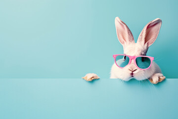 Cute white Easter bunny rabbit peeping and show its face from blue background