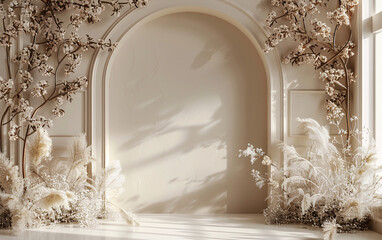 luxurious wedding backdrop with florals on beige wall with light shade from window
