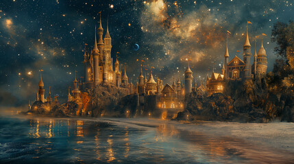 Enchanting Seaside Castle under a Stellar Sky