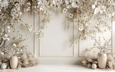 luxurious wedding backdrop with florals on beige wall with light shade from window