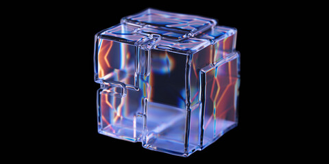 Abstract dispersion glass cubic shape on black background. Crystal box. 3d rendering