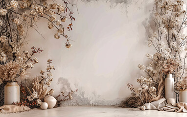 luxurious wedding backdrop with florals on beige wall