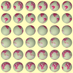 Collection of planet globes. Normal sphere view. Rotation step 10 degrees. Colored countries style. World map with graticule lines on warm background. Delicate vector illustration.