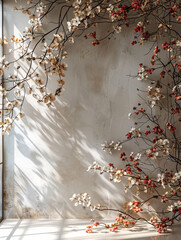 vertical florals backdrop on old wall with light shade from window