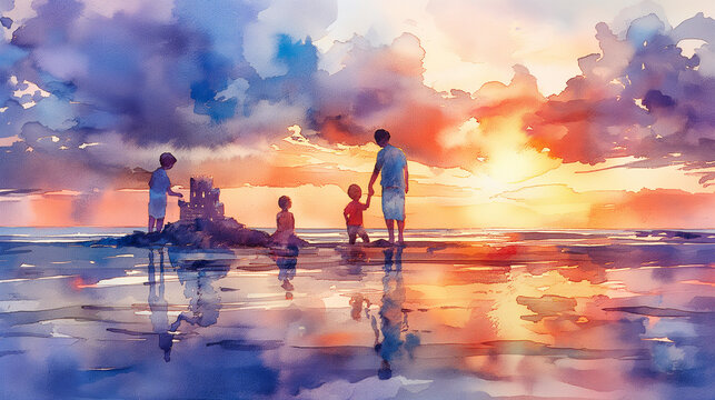 Watercolor Family Building Sandcastle at Sunset